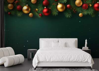 Square banner with gold and red Christmas symbols and text. Christmas tree, balls, golden tinsel confetti and snowflakes on green background. Header for website template. Wall mural