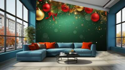 Square banner with gold and red Christmas symbols and text. Christmas tree, balls, golden tinsel confetti and snowflakes on green background. Header for website template. Wall mural