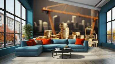 Stacking gold coins with increase and tower crane and hoist brake solutions with build new house in the public park, saving money and loan for construction real estate and home concept. Wall mural