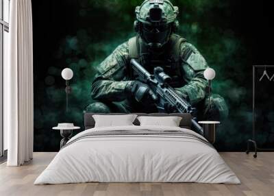 Stealthy Soldier Concealed in Camouflage Gear on Dark Background Wall mural