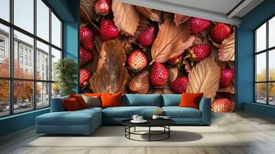 Strawberries arranged on a backdrop of dry leaves with copy space image. Wall mural