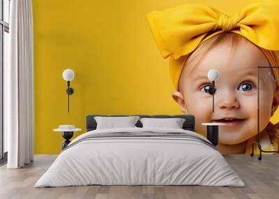 Studio portrait of a lovely baby wearing a summer dress and a large yellow bow on her head against a gray backdrop with room for text Wall mural