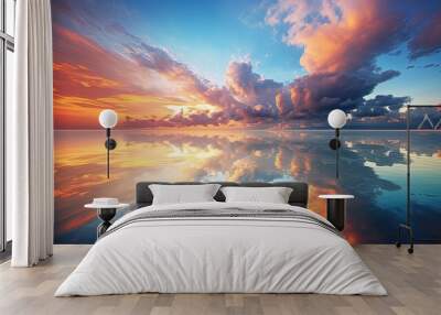 Stunning sight of cloud filled sky reflecting in tropical sea at sunrise or sunset. silhouette concept Wall mural