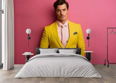 Successful male CEO looking confident and stylish in a trendy yellow suit isolated against a pink backdrop Wall mural