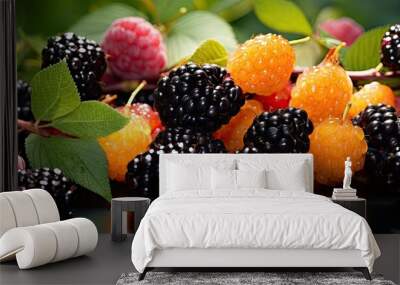 Summer fruits like apricots and blackberries are showcased in a close up image under dramatic shadows bringing to mind the refreshing essence of summertime A copy space is available making it ideal f Wall mural