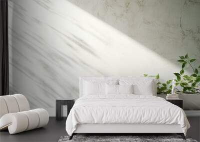 Sunlit branch with green leaves casting shadow on white marble tile wall wood table copy space Wall mural