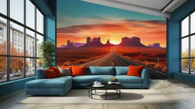 Sunrise on scenic road heading to Monument Valley Park in Utah. silhouette concept Wall mural