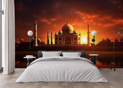 Sunset backdrop with Taj Mahal in Agra India. silhouette concept Wall mural