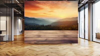 Sunset with rays coloring hills wooden table outdoors. silhouette concept Wall mural