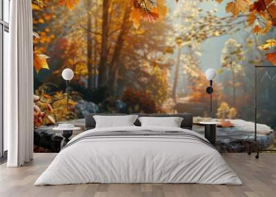 Table with stone base, perfect for autumn decor, with space for image. Wall mural