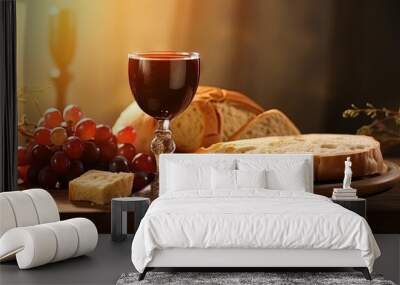 Taking communion concept - the wine and the bread symbols of Jesus Christ blood and body with Holy Bible. Easter Passover and Lord Supper concept Focus on glass. Wall mural