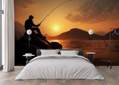 Thailand sunset featuring a man fishing seen as a silhouette Wall mural