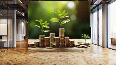 The coins are stacked on the ground and the seedlings are growing on top, the concept of saving money and financial and business growth. Wall mural