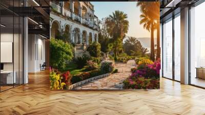 The historical building of Scots hotel in Tiberias and a beautiful garden. Creative Banner. Copyspace image Wall mural