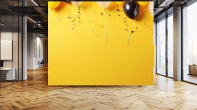 The party theme is brought to life with vibrant balloons confetti and a yellow background creating a top down frame with plenty of copy space image Wall mural