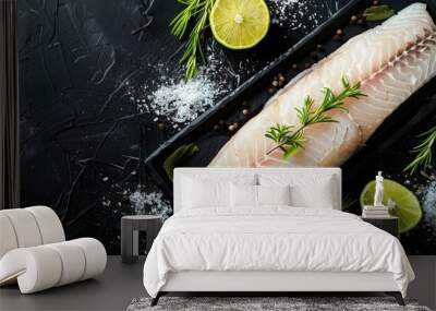 Top-view image of a raw sea bass fillet with herbs and lime on a black background, offering significant copy space. Wall mural