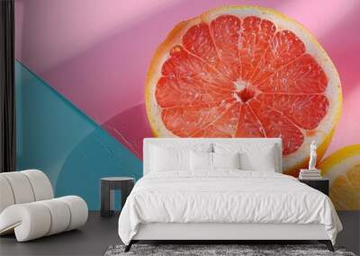 Top view of a juicy grapefruit with slices on a colorful background a creative summer concept with half the citrus in a minimal flat lay featuring copy space image Wall mural