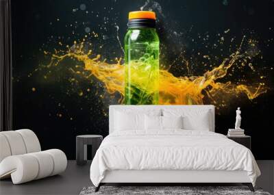 Top view of a sport beverage consisting of a yellow and green transparent liquid containing an isotonic energy drink with L carnitine A copy space image Wall mural