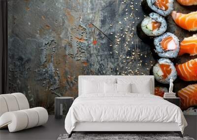 Top view of a variety of sushi rolls including salmon trout tuna tobiko caviar and nori on a rustic table with copy space for text representing a healthy and ready to eat meal Wall mural