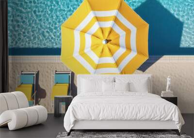 Top view swimming pool with yellow beach umbrella and chairs. Summer vacation concept. 3d rendering Wall mural