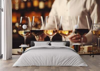 tray of wine glasses and cheese close up Wall mural