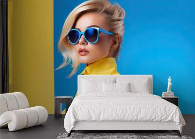 Trendy portrait of a chic blond woman with sunglasses on a colorful studio backdrop Space for text Wall mural