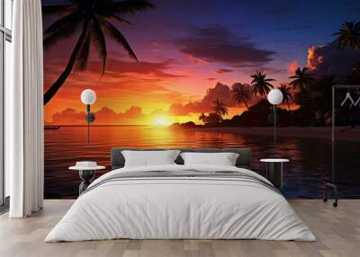 Tropical beach adorned by palm tree silhouettes during a magical sunset Wall mural