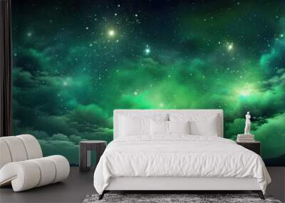 Twilight sky illuminated by vibrant green fireworks with space for text. Creative banner. Copyspace image Wall mural