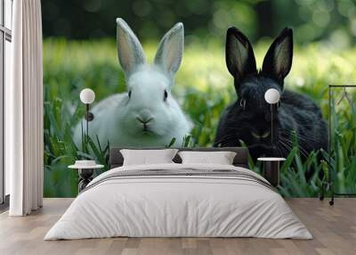 Two rabbits one white and the other black are seated in a grassy meadow gazing directly at the camera with a blank area for text or other elements in the image. Creative banner. Copyspace image Wall mural