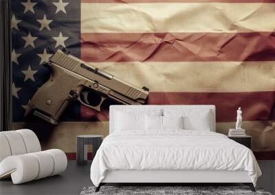 USA flag military attire and firearm against isolated pastel background Copy space Wall mural