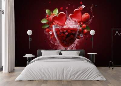 Valentine's day festive cocktail with flowers red heart on a festive white background Wall mural