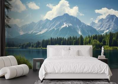 View of zugspitze with forrest and lake in foreground. Creative banner. Copyspace image Wall mural