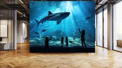 Visitors at aquarium watch silhouettes of fish swimming including Whale Shark Wall mural