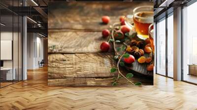 Warm rosehip tea with honey and dried fruits displayed on a wooden table creating a cozy ambiance in a copy space image Wall mural