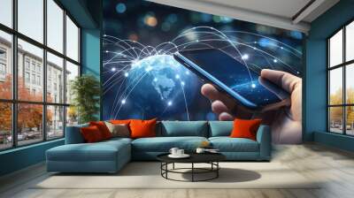 Wifi internet access concept. man using smartphone connect communication, social network, business contact, online shopping via internet wifi hotspot high speed. Fast internet wifi hotspot sharing. Wall mural