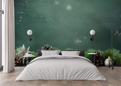 Winter themed home decor with various holiday elements on a green background space for text Wall mural