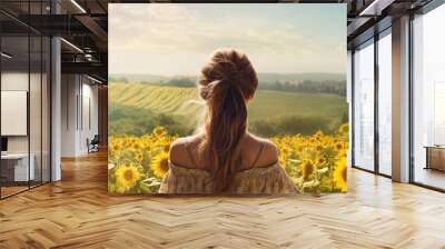 woman with two pigtails in a field of sunflowers lifestyle countryside. Creative banner. Copyspace image Wall mural