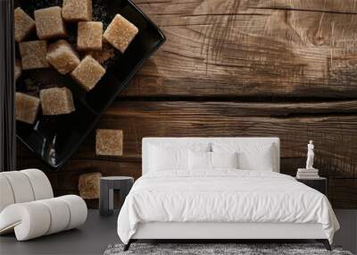 Wooden table with a black square plate holding brown and white sugar nubs creating an appealing copy space image Wall mural