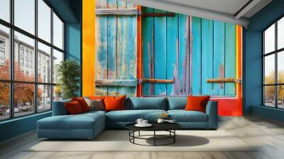 Wooden window display on wall with vibrant colors and copy space image Wall mural