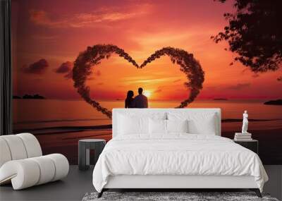 Young couple on their wedding day on a tropical beach with a sunset sea backdrop creating a heart shape with their hands Wall mural