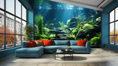 natural forest style aquascape underwater landscape with various aquatic plants and fish Wall mural