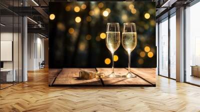 Champagne or champagne glasses on a wooden surface with bokeh, in the style of gold Wall mural