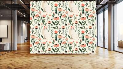 A seamless pattern featuring a watercolor cat adorned in soft peach and green flowers Wall mural