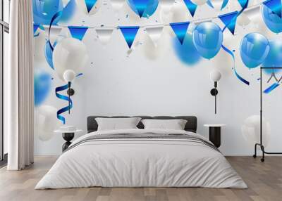 blue balloons, vector illustration. Confetti and ribbons, Celebration background Wall mural