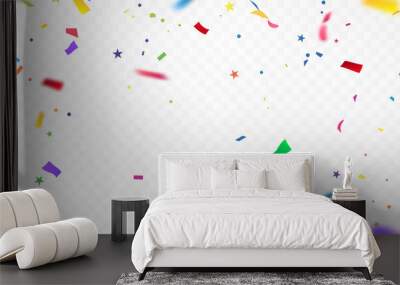 Celebration background template with confetti and colorful ribbons. Wall mural