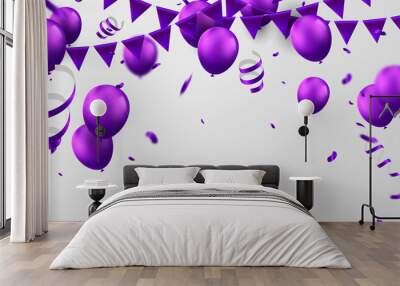 Celebration party banner with purple balloons background. Sale Vector illustration. Wall mural