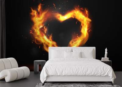 Heart shaped sparks floating on a black background and with flames Wall mural