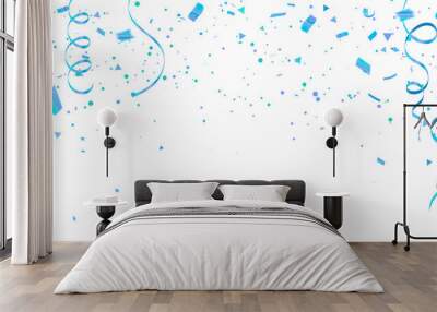 White background with blue confetti Celebration carnival ribbons. luxury greeting rich card. Wall mural