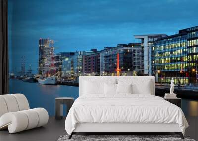 Grand Canal evening view on Dublin city on a cloudy day. Irish modern city landscape with docklands on river Liffey  Wall mural