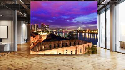 Panorama view of Belgrade, Serbia while sunset, it's main river Sava and all bridges connecting two banks of the town Wall mural